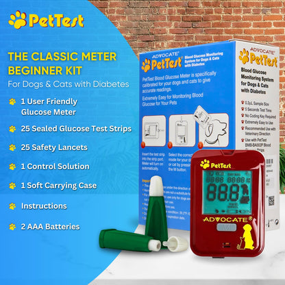 PetTest Beginner Glucose Monitoring Kit for Dogs & Cats, Diabetic Pet Blood Sugar Check Gear, Includes Classic Meter, 25 Test Strips, 25 Safety Lancets, Soft Carrying Case, and More