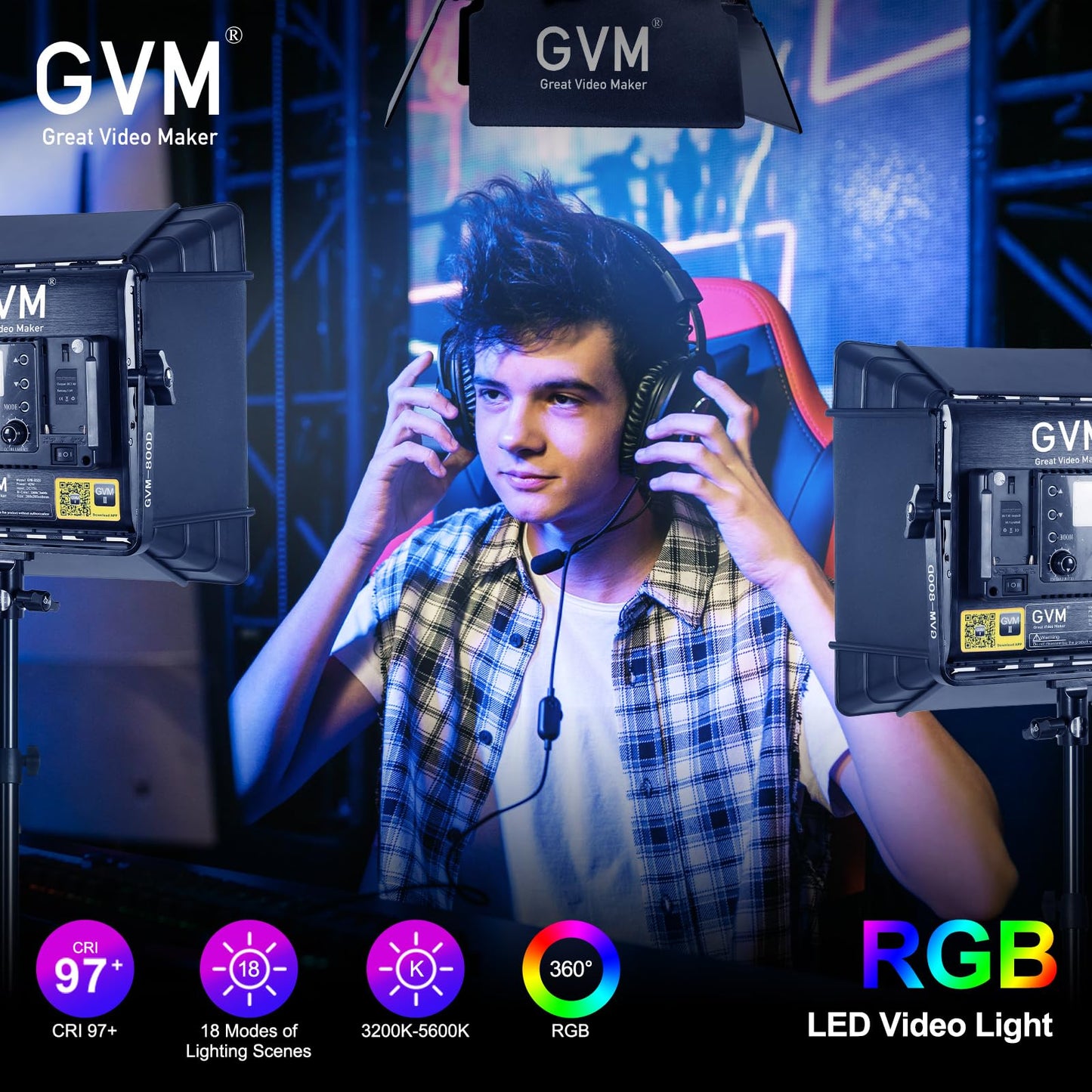 GVM RGB LED Video Lighting Kit, 800D Studio Video Lights with Panel, APP Control for YouTube Photography Lighting, , 3200K-5600K, 8 Kinds of The Scene Lights, 3 Packs