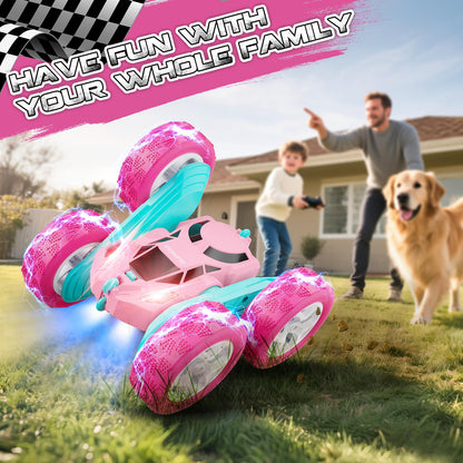 Pink Remote Control Car for Girls - RC Stunt Cars with 4WD Double-Sided Driving 360° Flips Rotating, Off Road Remote Car Outdoor Toys for Kids Age 6 7 8-12, Christmas Birthday Gifts