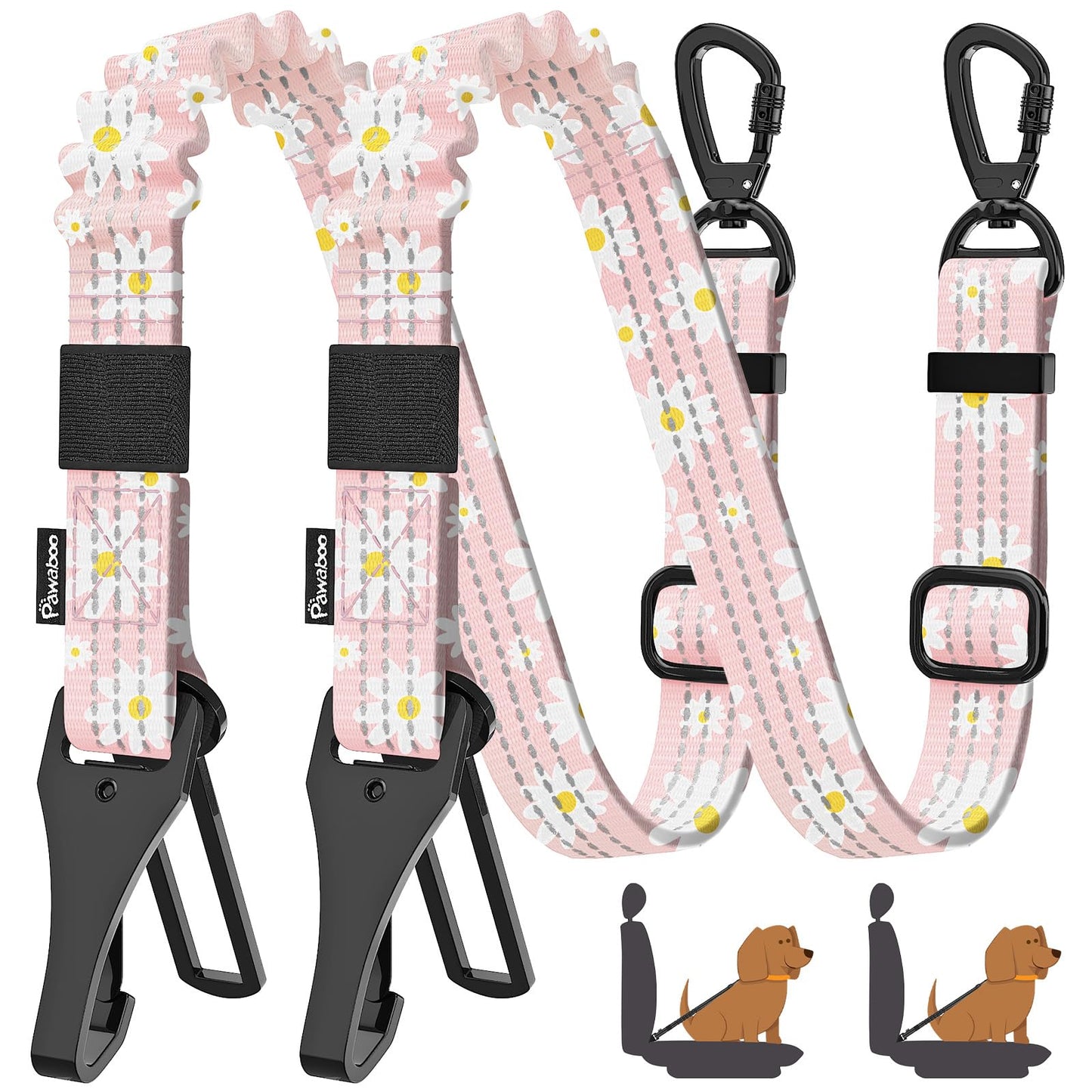 Pawaboo 2Pack Dog Seatbelt for Car, 3-in-1 Dog Car Seat Belt Bungee, Dogs Tether for Cars with Buckle & Hook Latch, Adjustable Reflective Dogs Cars Harness Leash with 360° Lockable Buckle, Light Pink