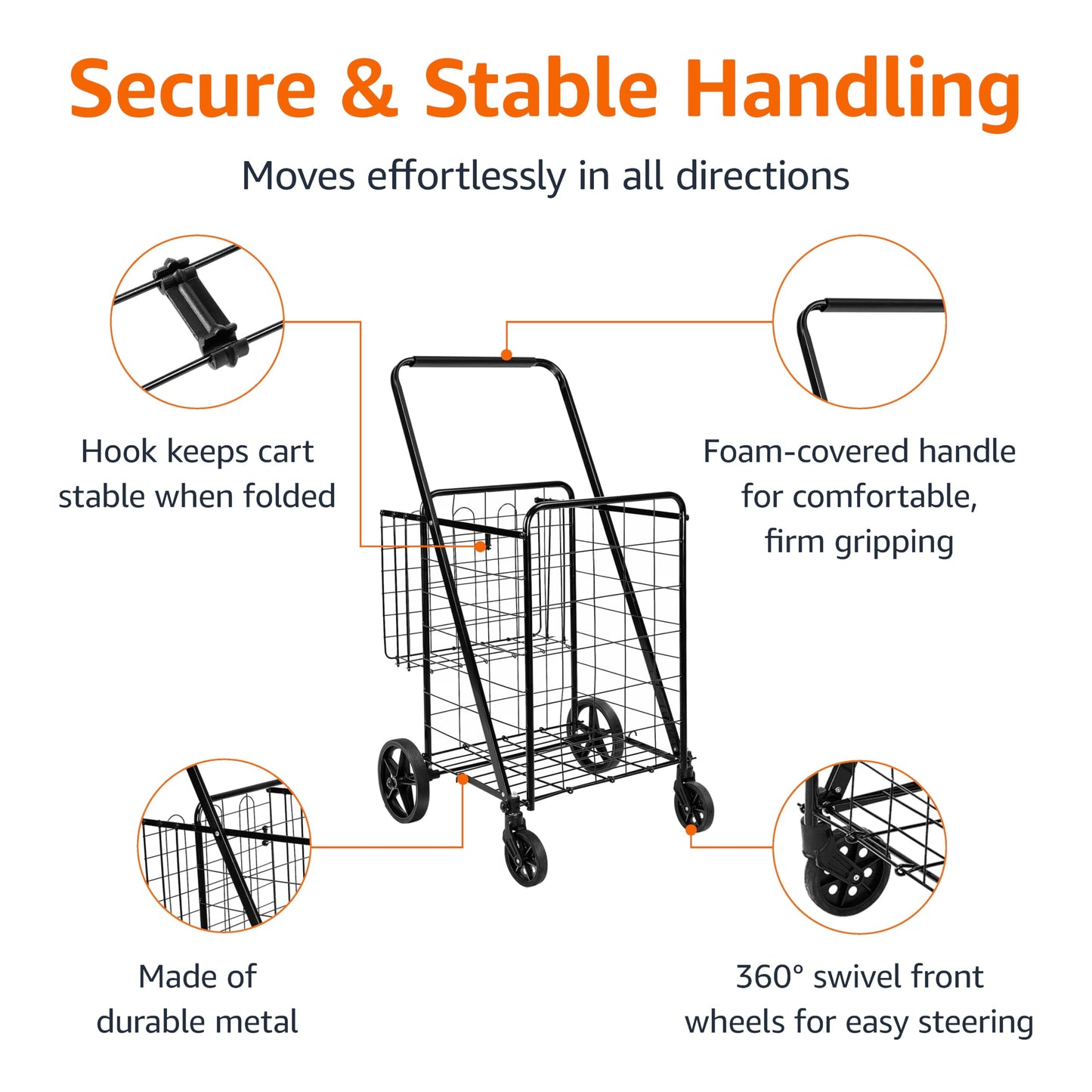 Amazon Basics Foldable Shopping Utility Cart with 360-Degree Wheels, Easy Assembly, Black, X-Large