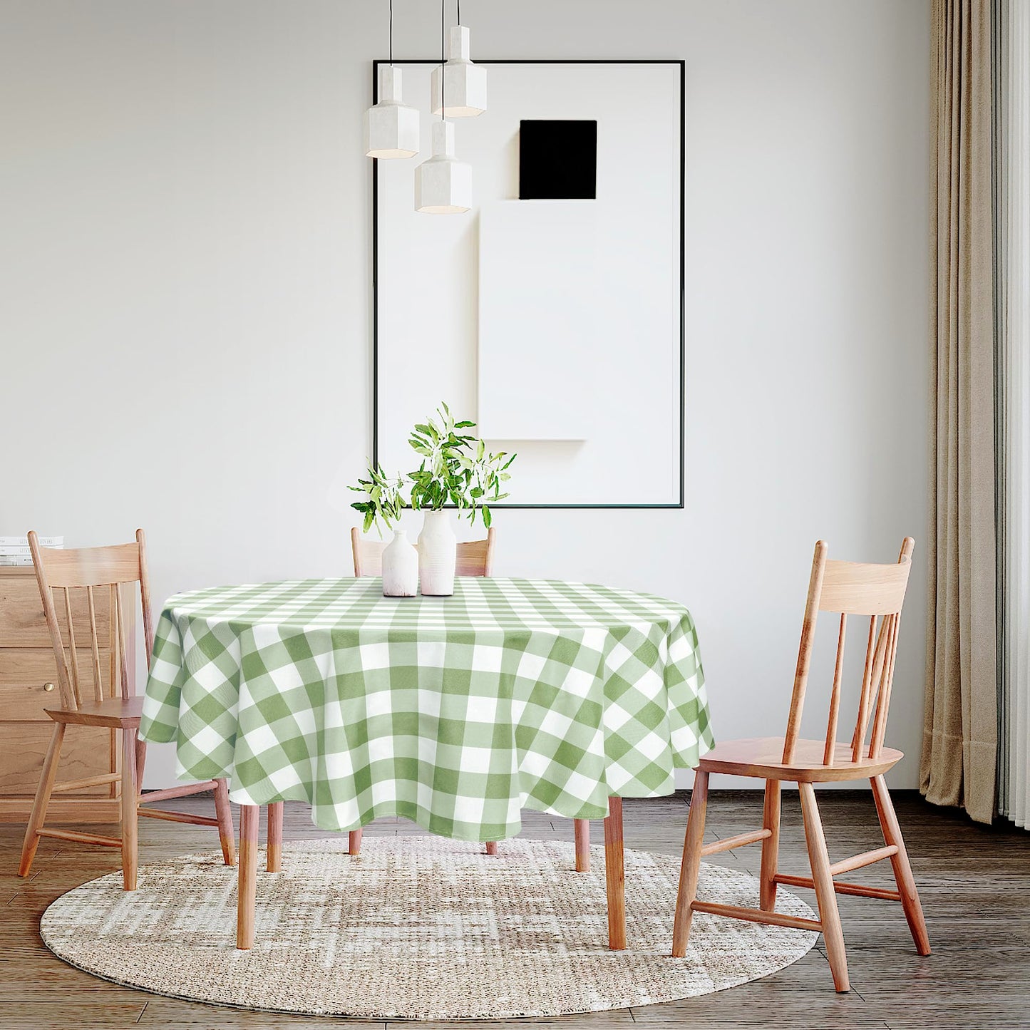 Hiasan Checkered Round Tablecloth 60 Inch - Waterproof Stain and Wrinkle Resistant Washable Fabric Table Cloth for Dining Room Party Outdoor Picnic,Sage Green and White