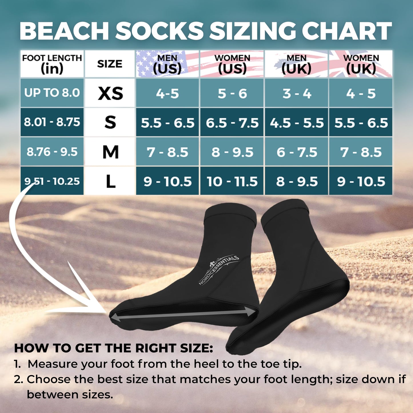 Nordic Essentials Aqua Beach Socks - 1 Pair - For Sand Soccer, Volleyball, Swim, Diving, Snorkel Equipment for Men, Women, Kids, Youth - Neoprene Lycra Waterproof Booties - Sun Protection S - Black