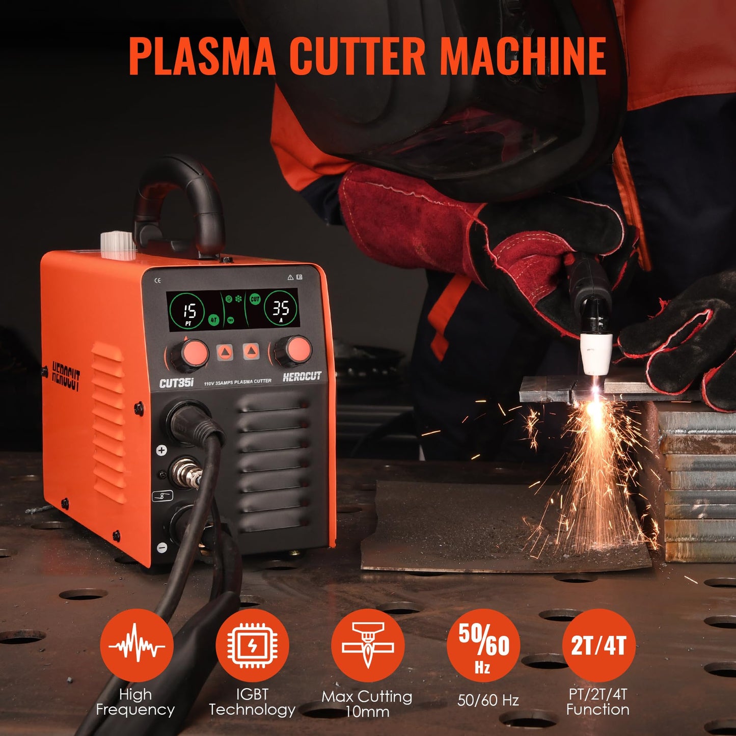 Plasma Cutter, 35Amps HEROCUT Plasma Cutter Machine CUT35i, Screen Display 110V High-Frequency IGBT Inverter Technology Post Flow and 2T/4T, Max Cutting Thickness 10mm for Beginners DIY