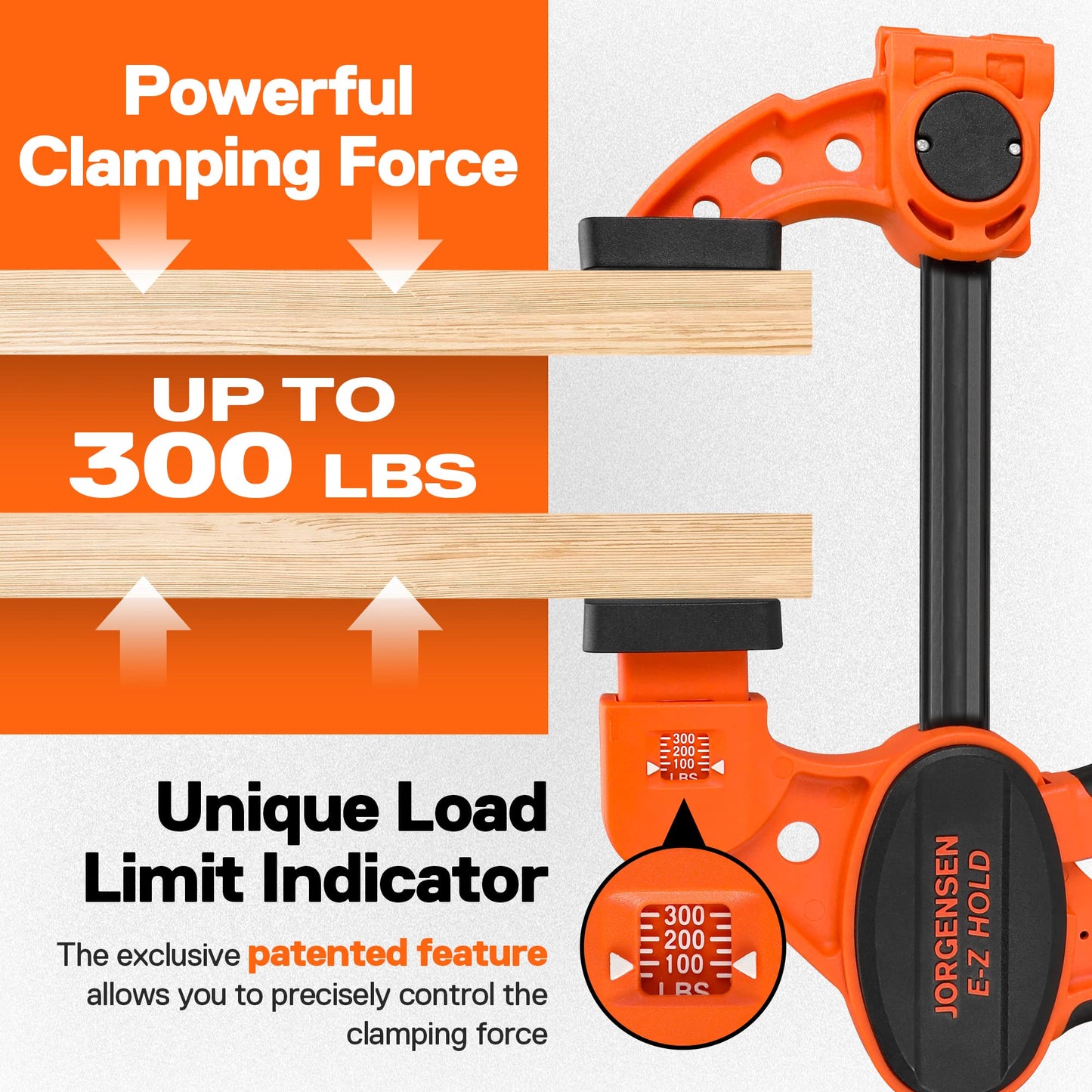 Jorgensen Bar Clamps For Woodworking, 12" 2-Pack One-Handed Clamps/Spreader with Load Limit Indicator, Quick Grip Bar Clamps E-Z Hold F Clamps Set with 300 lbs Load Limit, Medium Duty