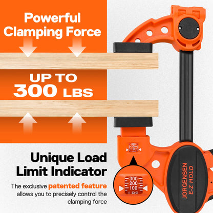 Jorgensen Bar Clamps For Woodworking, 12" 2-Pack One-Handed Clamps/Spreader with Load Limit Indicator, Quick Grip Bar Clamps E-Z Hold F Clamps Set with 300 lbs Load Limit, Medium Duty