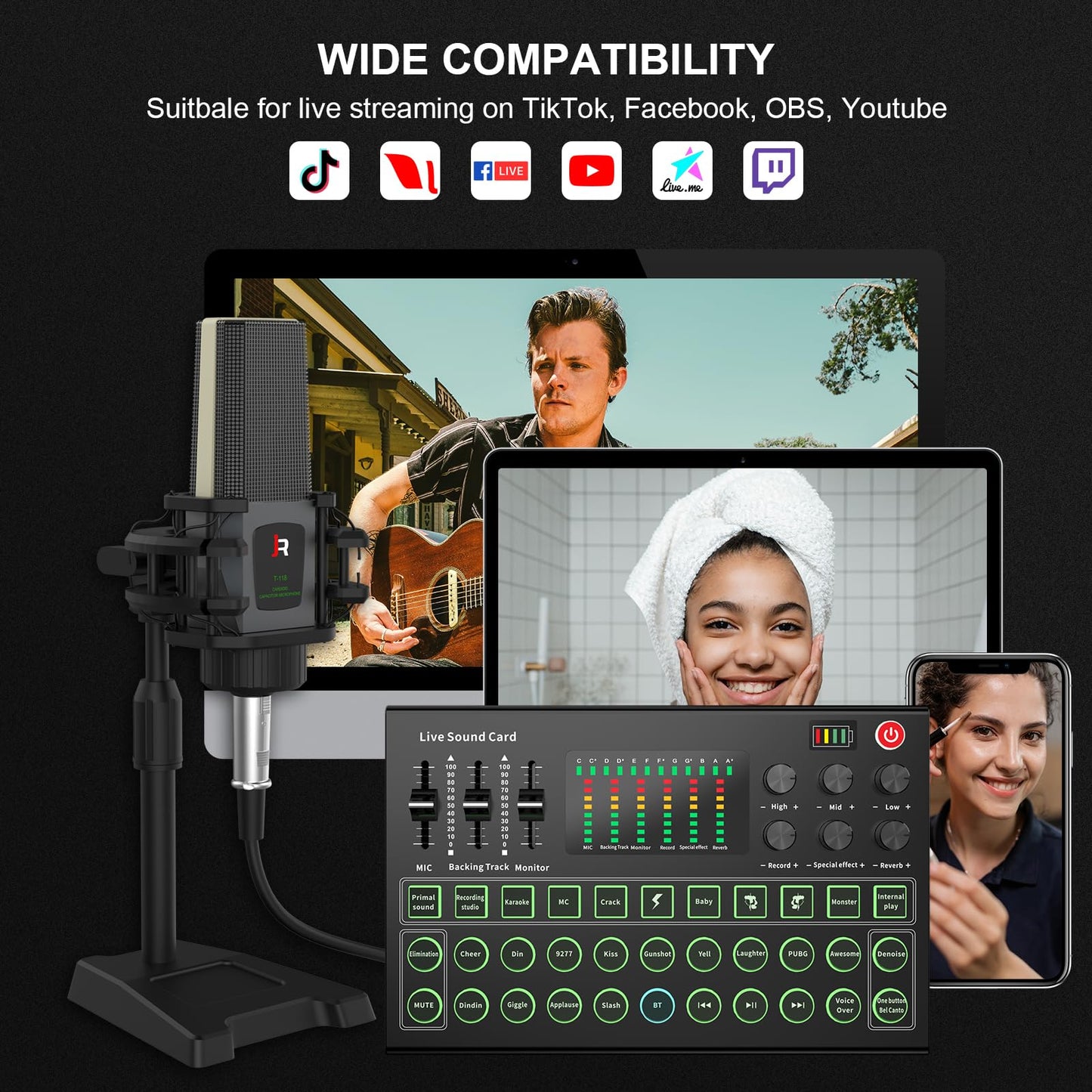 RHM Podcast Equipment Bundle, All-in-One Audio Interface DJ Mixer with Microphone, Stand, Monitor Earphone, Audio Mixer With Sound card for PC/Laptop/Phone, Streaming/Podcasting/Gaming