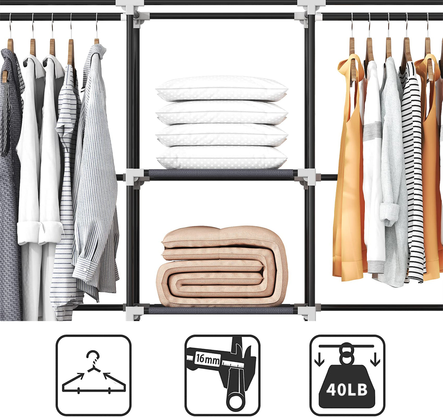 KEKIWE Portable Closet, 51 Inch Wardrobe Closet for Hanging Clothes with 2 Hanging Rods, 8 Storage Organizer Shelves for Bedroom, Durable and Easy to Assemble, Grey