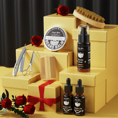 Isner Mile Beard Grooming Kit for Men Care: Trimming Sets with Beard Wash/Shampoo - Oil - Balm - Brush - Comb - Scissors & Storage Bag, Valentines Birthday Fathers Gifts for Dad Men Husband Boyfriend