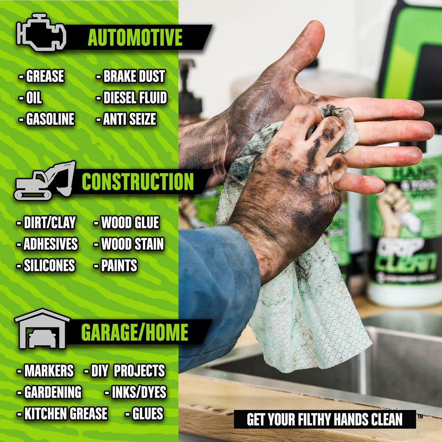 Grip Clean Cleaning Wipes – Hand Cleaner for Mechanics, Heavy-Duty Hand Wipes for Grease & Oil, Cleaning Wipes All Purpose for Tools & Surfaces, Waterless Hand Cleaner, Citrus Scented (30ct)