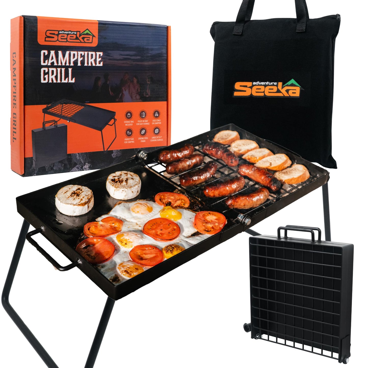 Adventure Seeka 24" Heavy Duty Folding Campfire Grill, Food-Safe Cooking Surface, Compact Folding Design, Portable Grill Grate & Griddle for Campfire Cooking, Australian Designed & Owned