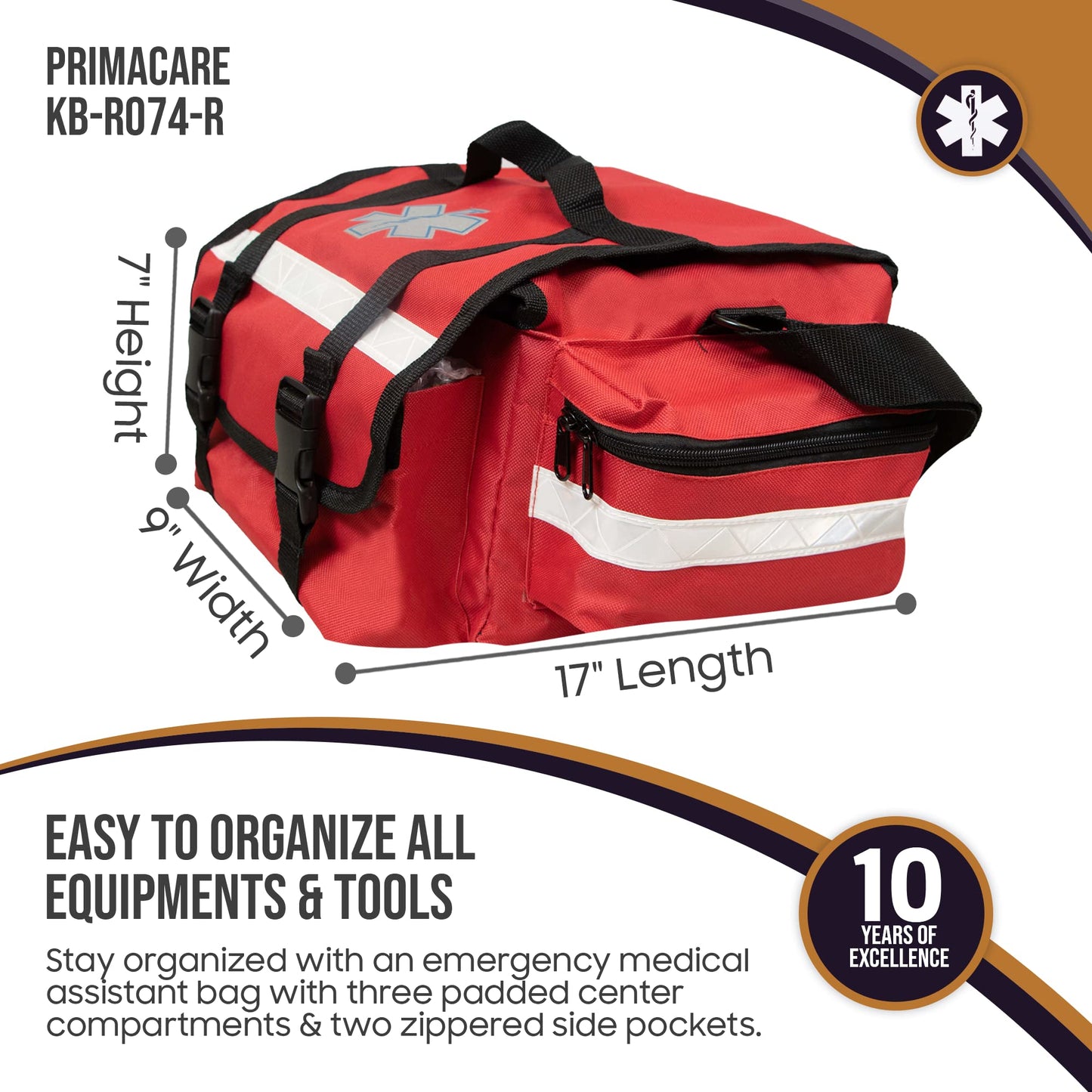 PrimaCare KB-RO74-R First Responder Bag for Trauma, 17" x 9" x 7", Red