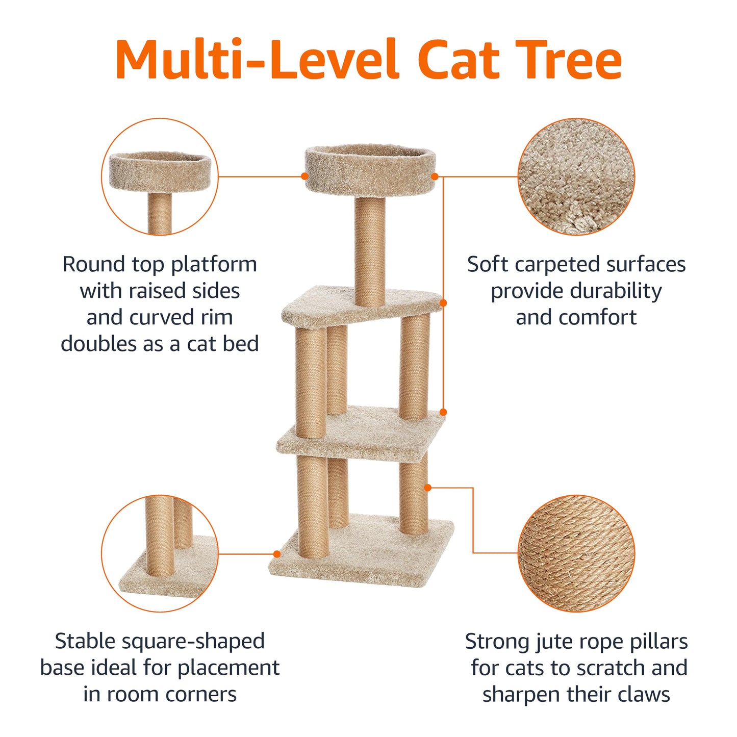 Amazon Basics Cat Tree - Indoor Cat & Kittens Multi-Level Climbing Activity Tower with Scratching Posts, Large (45.9"H) - Beige