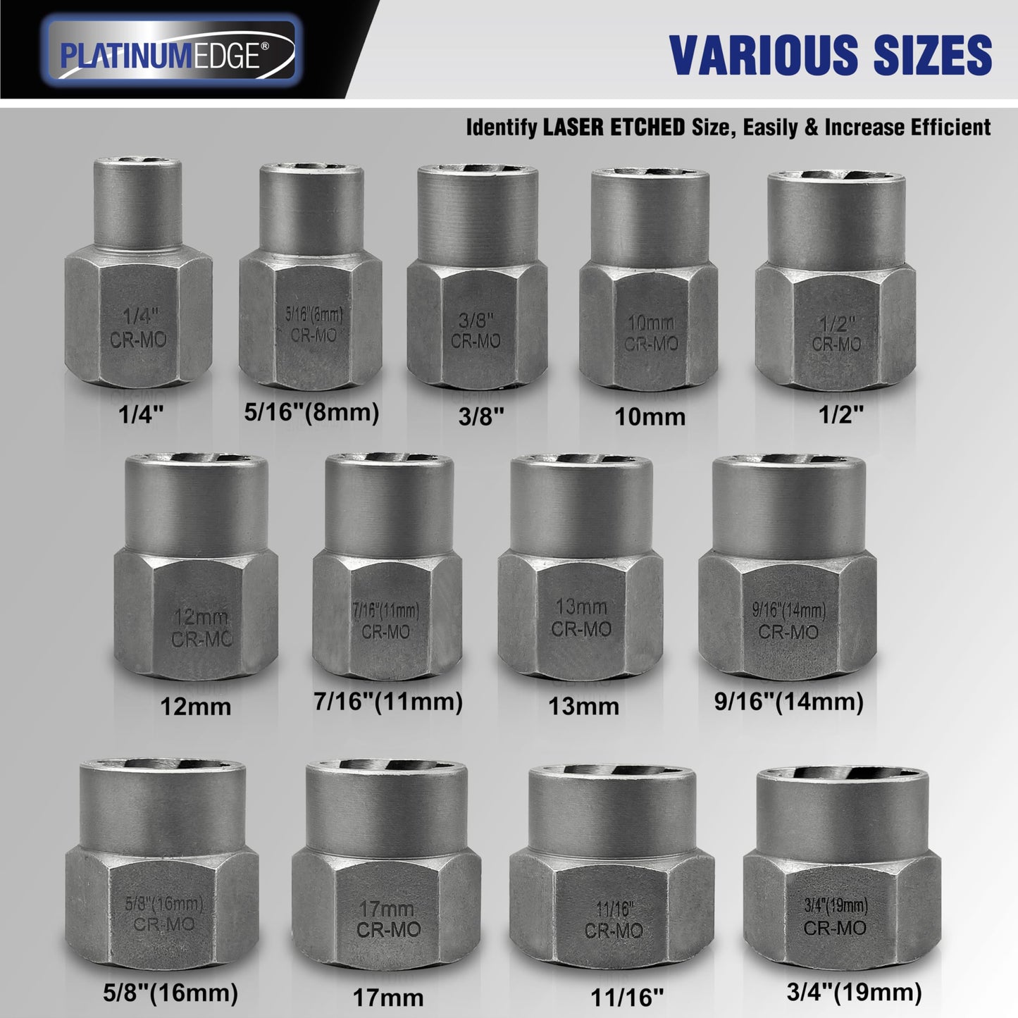 PLATINUMEDGE 13 Pieces Impact Bolt & Nut Remover Set, Stripped Bolt Extractor Set, Cr-Mo Extraction Tool Set with Solid Storage Case, Easy Out Rusted Rounded Damaged Nuts and Bolts