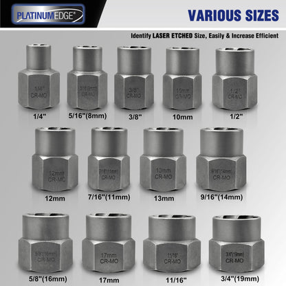 PLATINUMEDGE 13 Pieces Impact Bolt & Nut Remover Set, Stripped Bolt Extractor Set, Cr-Mo Extraction Tool Set with Solid Storage Case, Easy Out Rusted Rounded Damaged Nuts and Bolts