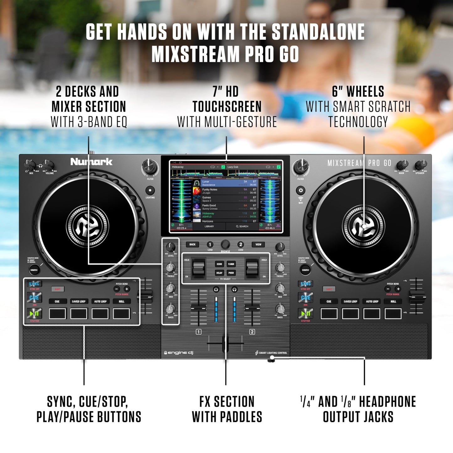 Numark Mixstream Pro Go Portable DJ Controller with Battery, Mixer with Stem Separation, Speakers, WiFi Streaming, Touchscreen, works with Serato DJ