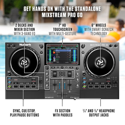 Numark Mixstream Pro Go Portable DJ Controller with Battery, Mixer with Stem Separation, Speakers, WiFi Streaming, Touchscreen, works with Serato DJ