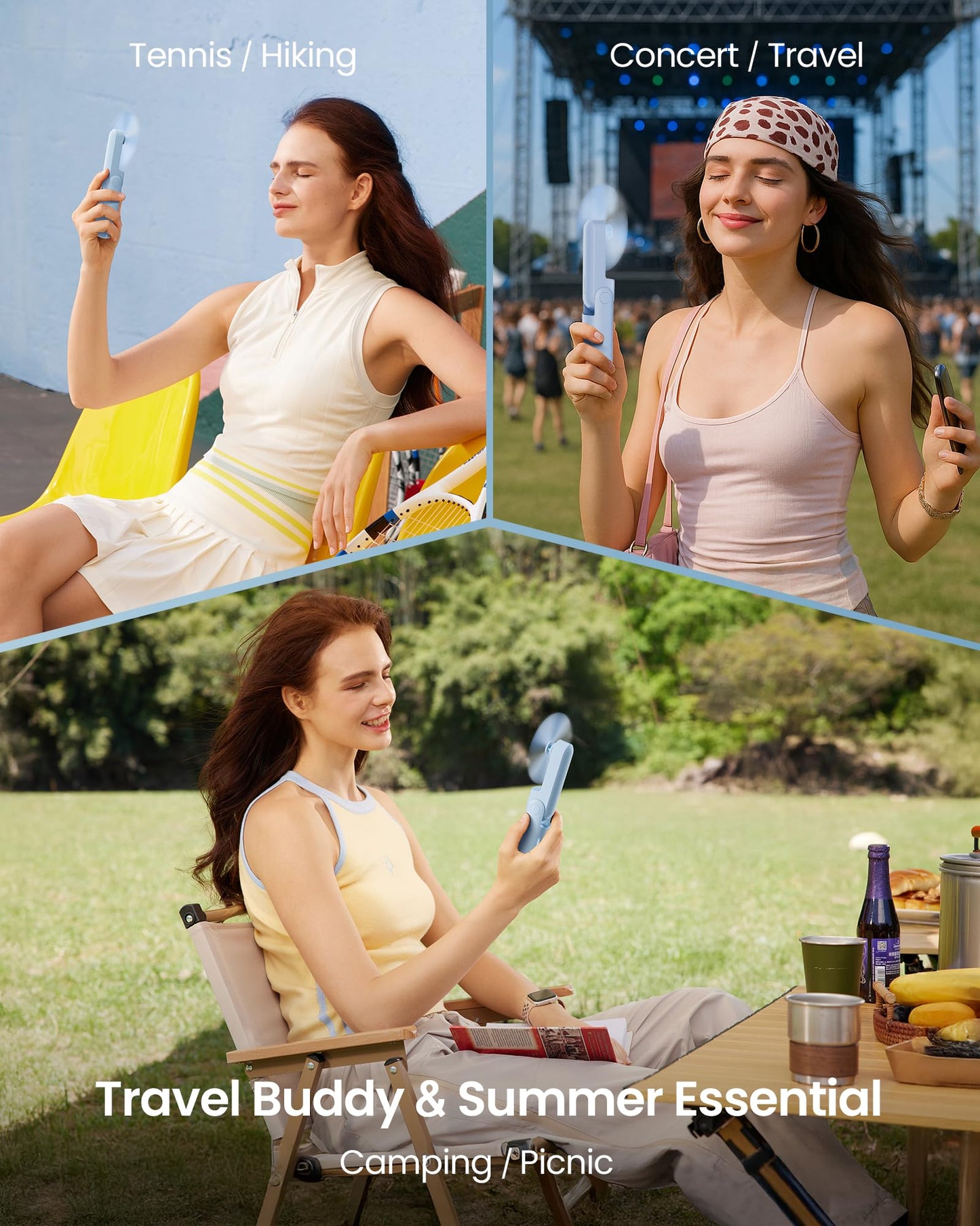 GAIATOP Portable Handheld Fan, 3 IN 1 Mini Foldable Travel Fans [17H Max Cooling Time] with Power Bank, Pocket Design USB Rechargeable for Travel Concert Lash Makeup, Summer Gifts for Women Girl, Blue