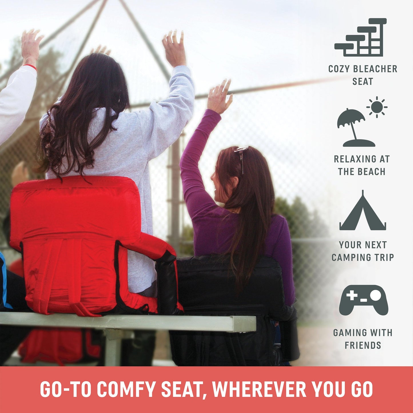 PICNIC TIME Ventura Portable Reclining Stadium Seat with Back Support, Folding Bleacher Chairs with Back and Cushion, Thick Padded Stadium Seat and Armrest, Includes Six Backrest Positions, (Black)