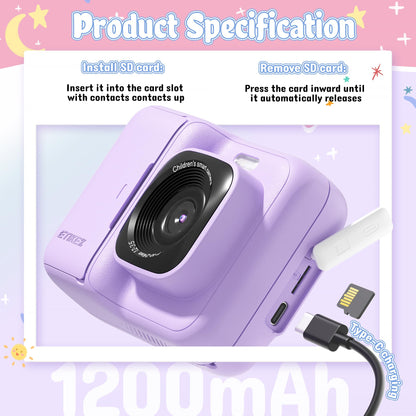 ETIKEZ Kids Camera, 1080P Instant Digital Print Camera for Kids, Christmas Birthday Gifts for 4 5 6 7 8 9 10 Year Old Girls Boys, Portable Toy with 32GB SD Card & 3 Rolls Printing Paper, Purple