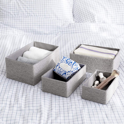 LA JOLIE MUSE Storage Baskets Set 4 - Stackable Woven Basket Paper Rope Bin, Storage Boxes for Makeup Closet Bathroom Bedroom (Gray)
