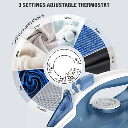 IRONDAY Steam Iron for Clothes Fast Heating, 1200W Iron with Non-Stick Ceramic Soleplate, Self-Cleaning, Burst of Steam, Spray Mist, 7.03oz Water Tank Ironing Clothes for Home, Blue