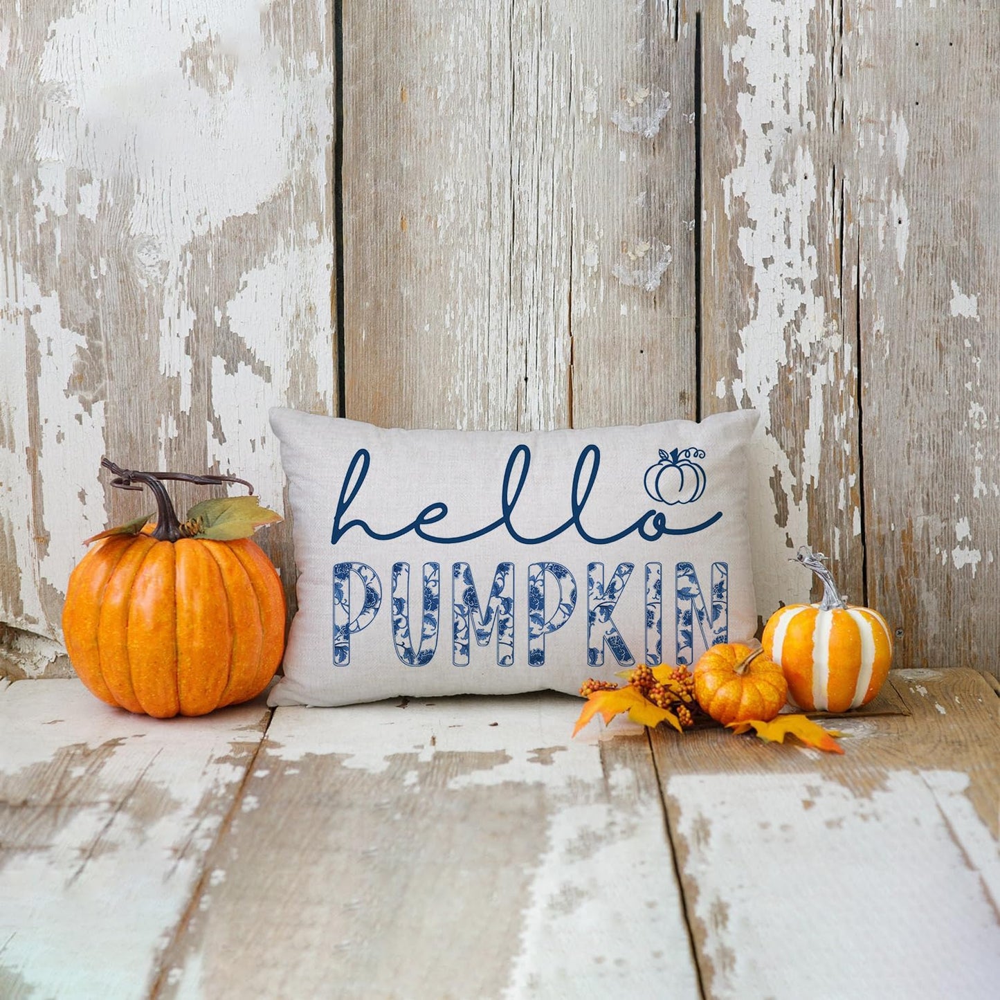 GTEXT Fall Pillow Cover 12x20 inch Blue Chinoiserie Hello Pumpkin Throw Pillow Cover Autumn Decor Thanksgiving Outdoor Seasonal Decorative Pillowcase Recotangle Farmhouse Decor for Sofa Bed Couch