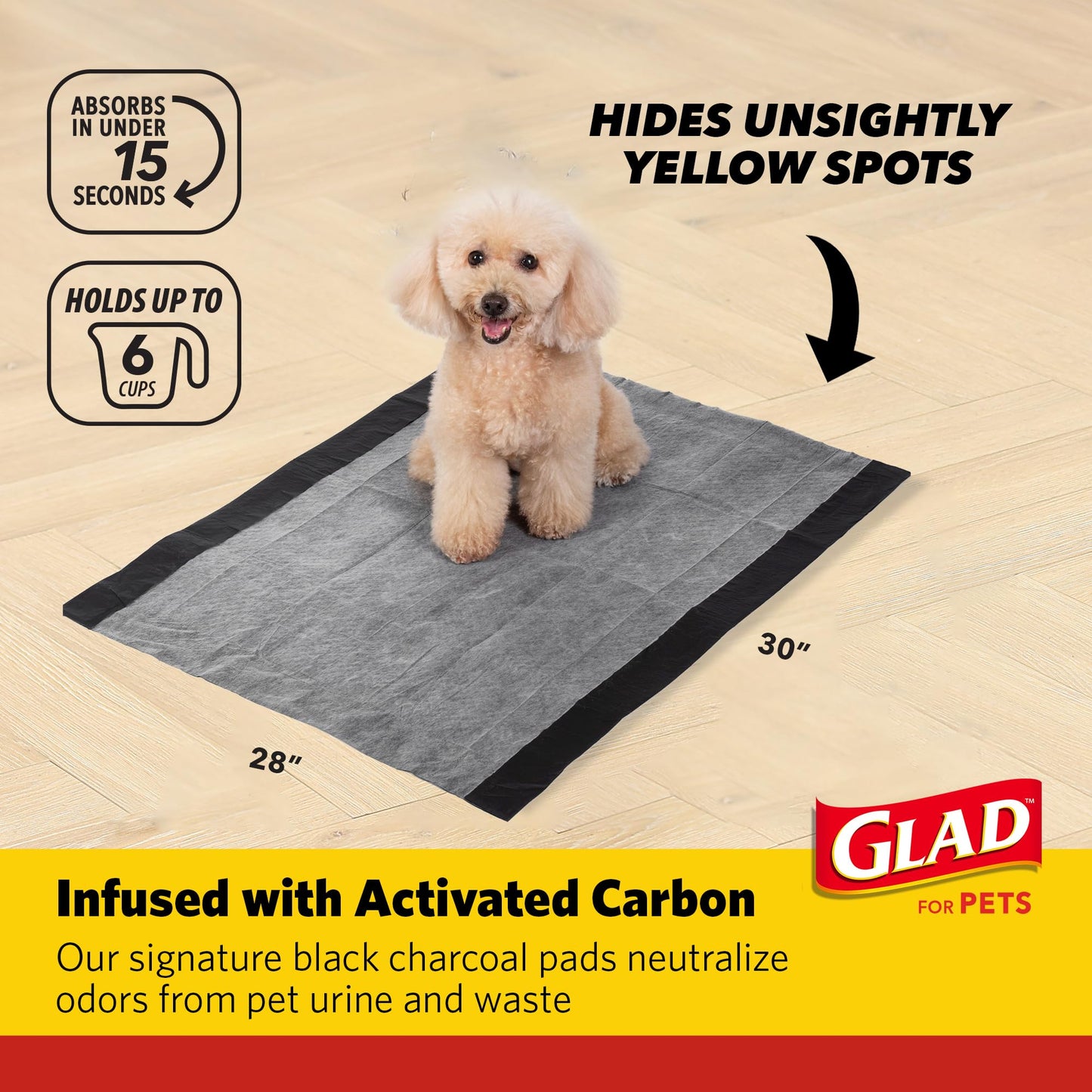 Glad for Pets Extra Large Charcoal Dog Training Pads - Absorbent Disposable Pee Pads for Dogs, Cats & Puppies - Jumbo-Size Potty Pads that Neutralize Urine Instantly - 30 Count Pet Supplies