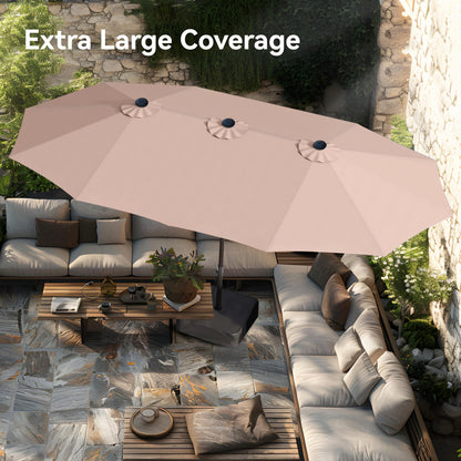 PHI VILLA 15ft Large Patio Umbrellas with Base Included, Outdoor Double-Sided Rectangle Market Umbrella with Stand, Outside Umbrellas for Poolside Lawn Backyard, Beige