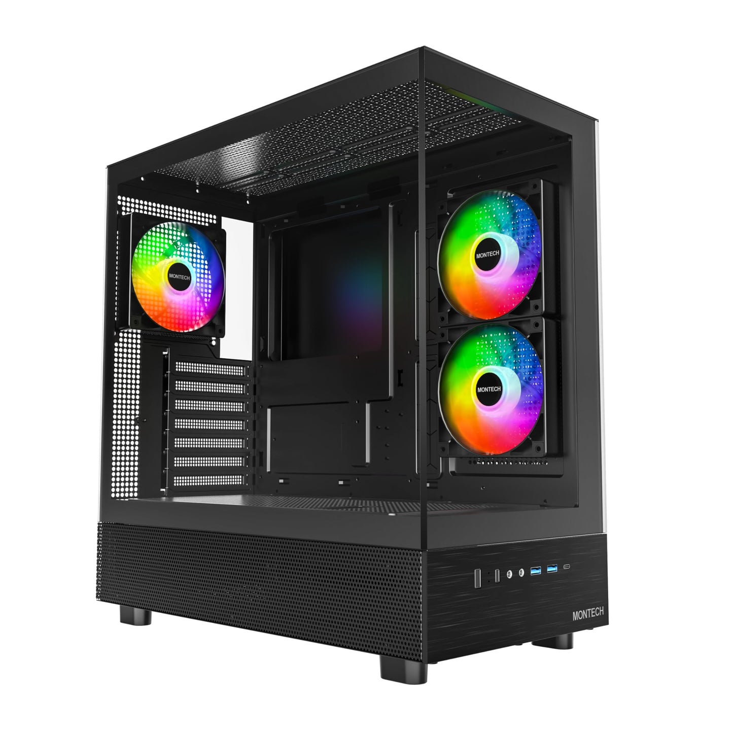 MONTECH XR, ATX Mid-Tower PC Gaming Case, 3 x 120mm ARGB PWM Fans Pre-Installed, Full-View Dual Tempered Glass Panel, Wood-Grain Design I/O Interface, Support 4090 GPUs, 360mm Radiator Support, Black