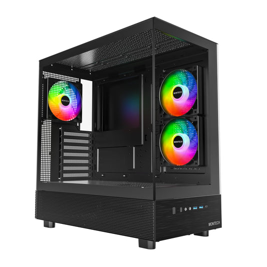 MONTECH XR, ATX Mid-Tower PC Gaming Case, 3 x 120mm ARGB PWM Fans Pre-Installed, Full-View Dual Tempered Glass Panel, Wood-Grain Design I/O Interface, Support 4090 GPUs, 360mm Radiator Support, Black