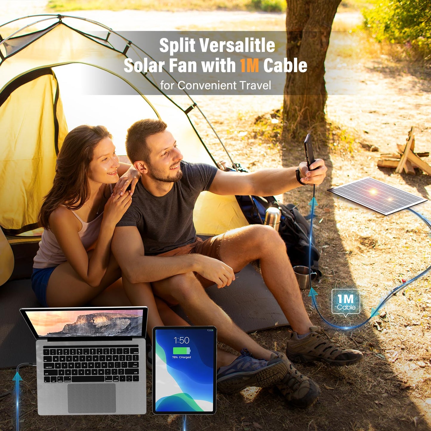 JINLICTE 10400mAh Solar Fan with LED Lantern, Camping Fan with Solar Panel, 7W Rechargeable Solar Powered for Outside, Quiet Battery Operated Tent for Picnic, Barbecue, Fishing, Travel