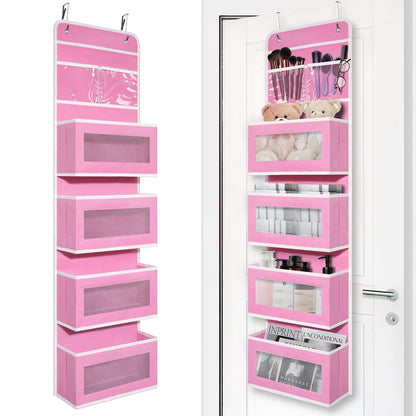 Over Door Organizer with 4 Large Capacity Pockets, Hanging Organizer Storage for Closet Bathroom Nursery Bedroom Dorm, Toys Cosmetics Sundries and Baby Essentials, Pink