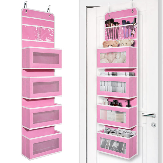 Over Door Organizer with 4 Large Capacity Pockets, Hanging Organizer Storage for Closet Bathroom Nursery Bedroom Dorm, Toys Cosmetics Sundries and Baby Essentials, Pink