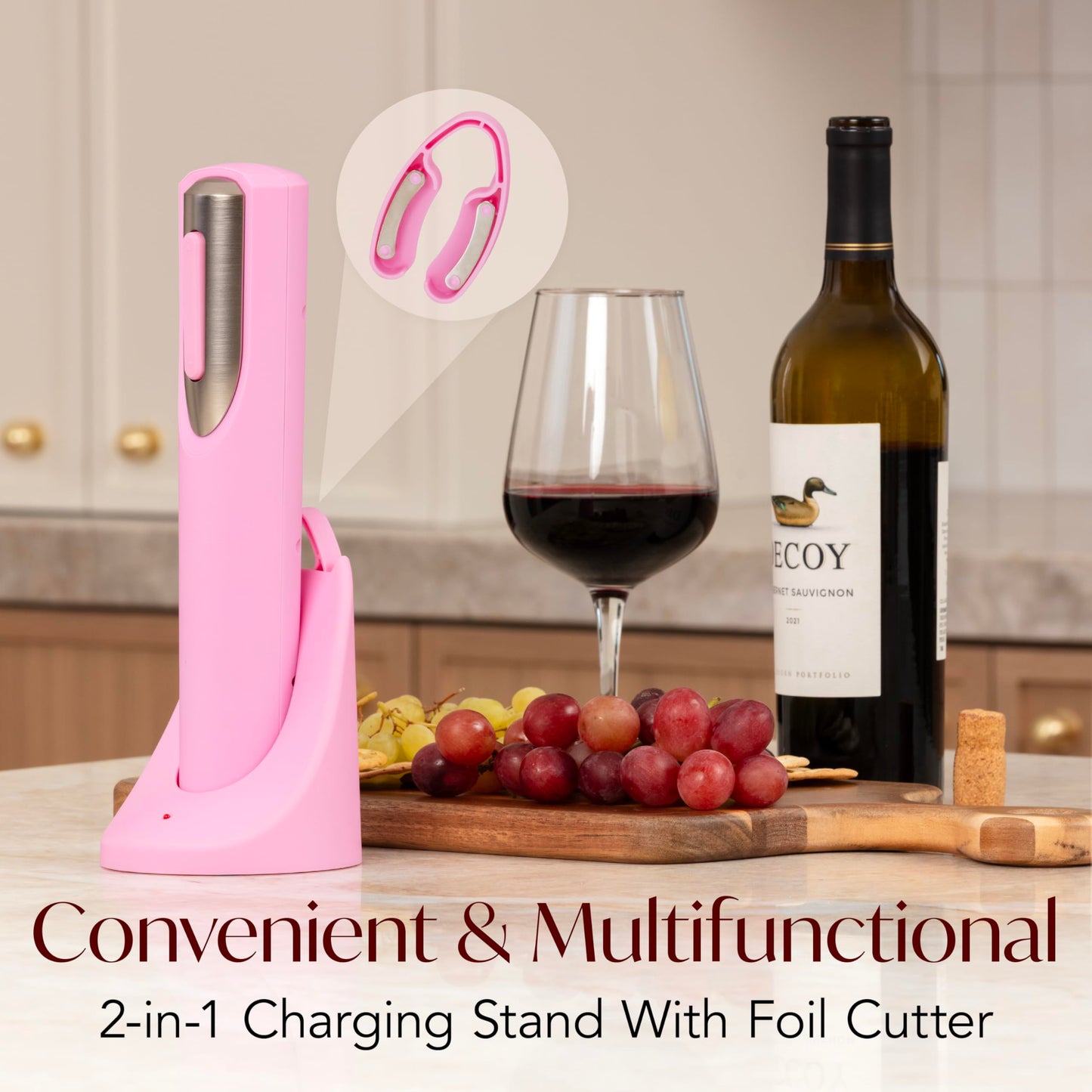 Rechargeable Electric Wine Bottle Opener - Charging Base and Foil Cutter Included with Automatic Wine Opener - Electric Corkscrew for Easy Cork Removal - Best Gift for Wine Lover (Pink & Silver)