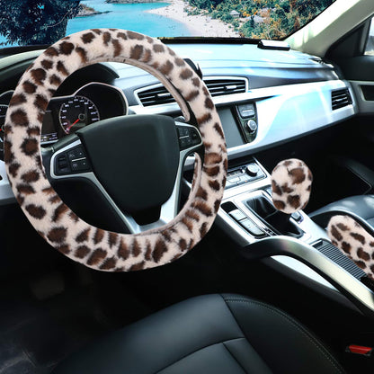 Fuzzy Steering Wheel Cover for Women Girls, Accmor Universal Fit 15 inch Fur Car Wheel Cover & Handbrake Cover & Gear Shift Cover Set, Fashion Leopard Winter Warm Fluffy Vehicle Wheel Protector