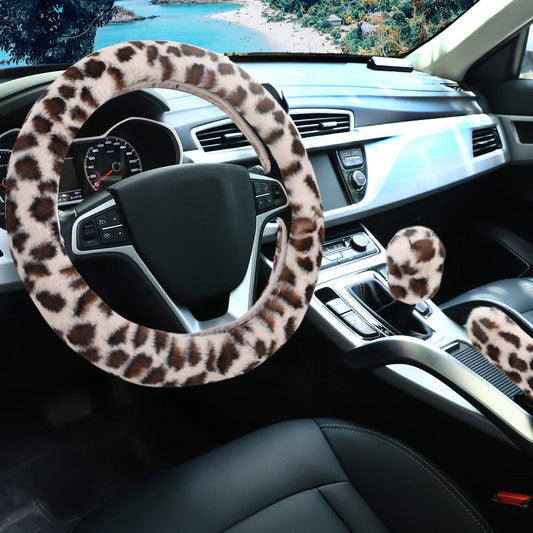 Fuzzy Steering Wheel Cover for Women Girls, Accmor Universal Fit 15 inch Fur Car Wheel Cover & Handbrake Cover & Gear Shift Cover Set, Fashion Leopard Winter Warm Fluffy Vehicle Wheel Protector