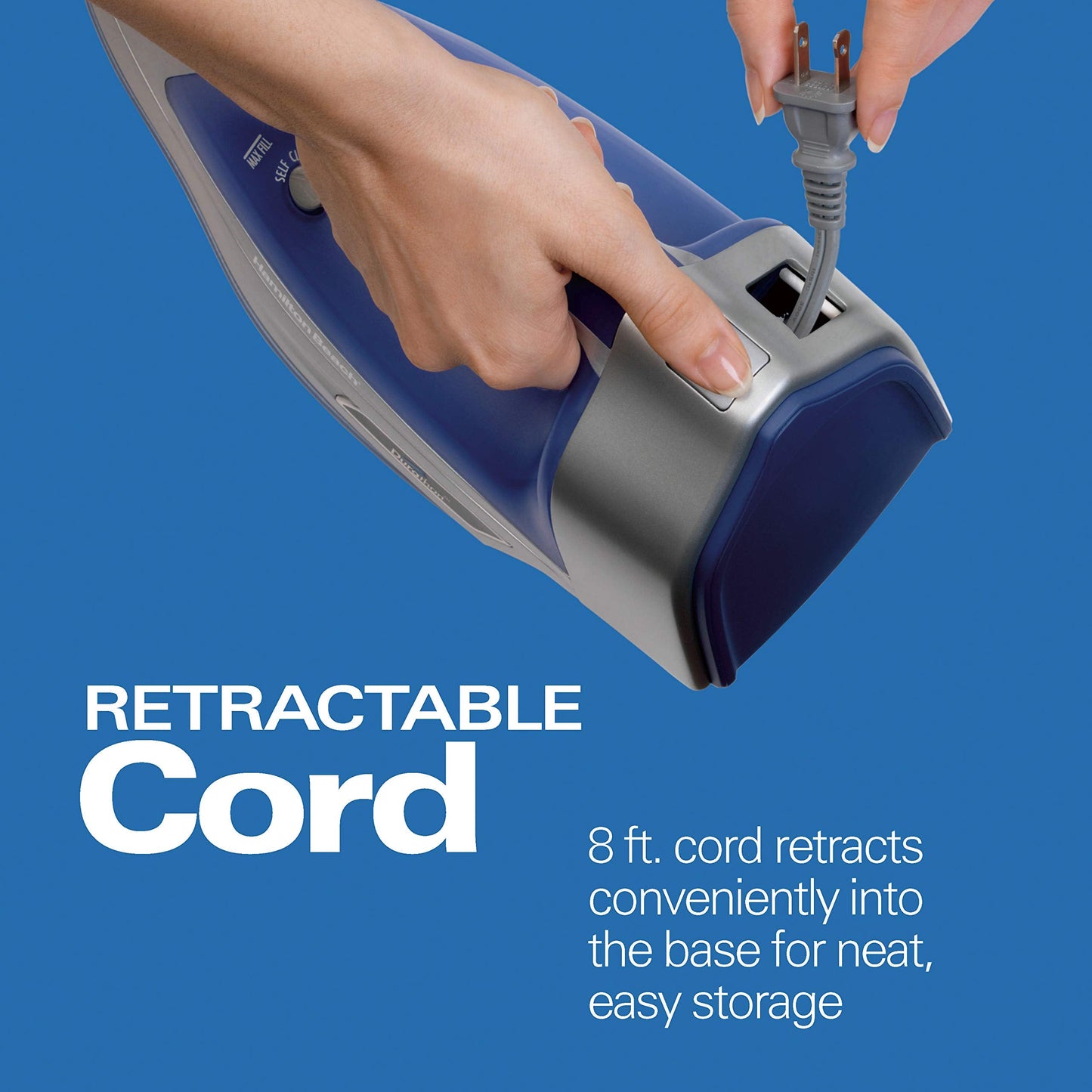 Hamilton Beach Steam Iron & Vertical Steamer for Clothes with Scratch-Resistant Durathon Soleplate, 8' Retractable Cord, 3-Way Auto Shutoff, Anti-Drip, 1500 Watts, Blue