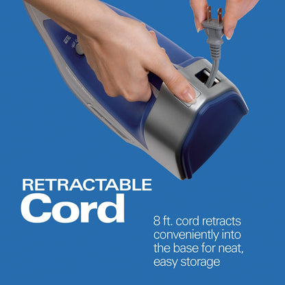 Hamilton Beach Steam Iron & Vertical Steamer for Clothes with Scratch-Resistant Durathon Soleplate, 8' Retractable Cord, 3-Way Auto Shutoff, Anti-Drip, 1500 Watts, Blue