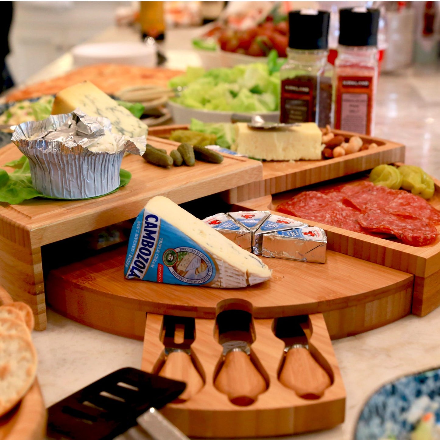 Picnic at Ascot Patented Bamboo Cheese/Charcuterie Board with Cheese Knife Set - Stores as a Compact Wedge - Opens to 18" Diameter - Designed & Quality Checked in USA
