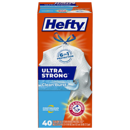 Hefty Ultra Strong 13 Gallon Trash Bags, Tall Kitchen Trash Bags 13 Gallon Size, Drawstring Closure, Continuous Odor Control, White, Clean Burst Scent, 40 Bags