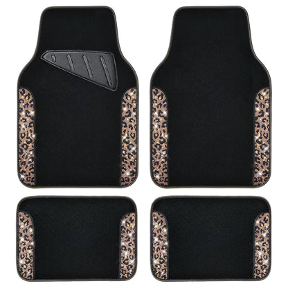 CAR PASS Bling Diamond Car Floor Mats, Shining Rhinestone Carpet Sparkly Glitter Crystal with Anti-Slip PVC Heel Pad Waterproof Universal Fit Automotive SUV,Sedan,Van,Cute Girl Women,4pcs Gold Leopard