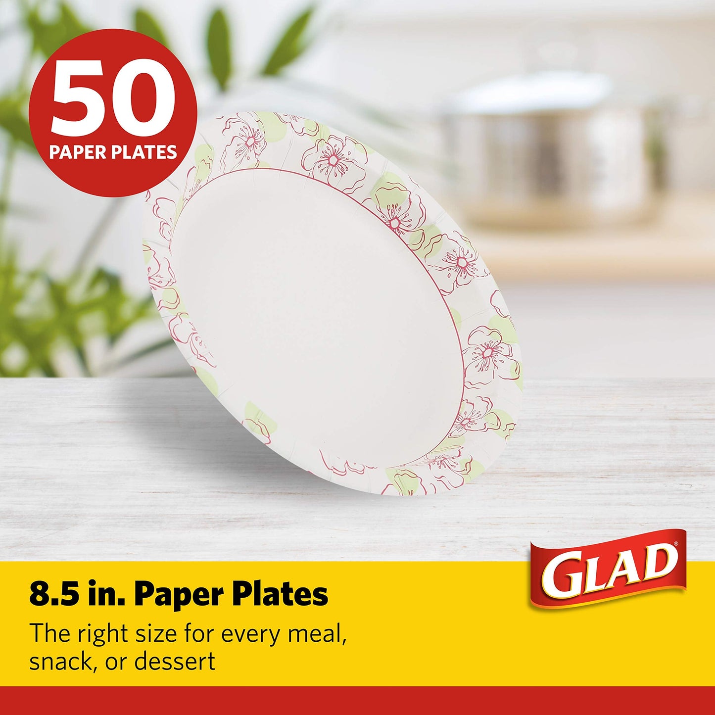 Glad Disposable Paper Plates, 8.5"| Round Soak Proof, Cut Proof, Microwaveable Heavy Duty Disposable Plates |50 Count Bulk Paper Plates, Pink Flower Print| Paper Plate for Parties, Dinner Paper Plates
