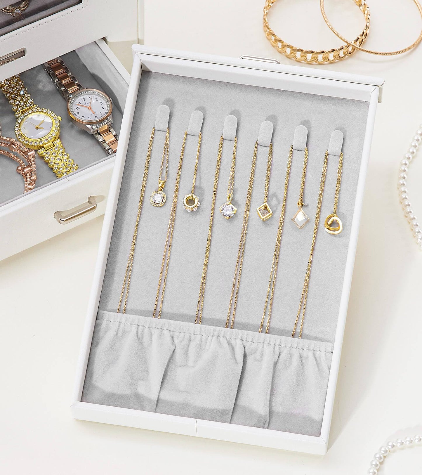 Homde Jewelry Organizer with Transparent Window Necklace Hooks Gift for Women Jewelry Box Display Case for Necklaces Rings Earrings Bracelets and Other Jewelry Accessories (White)