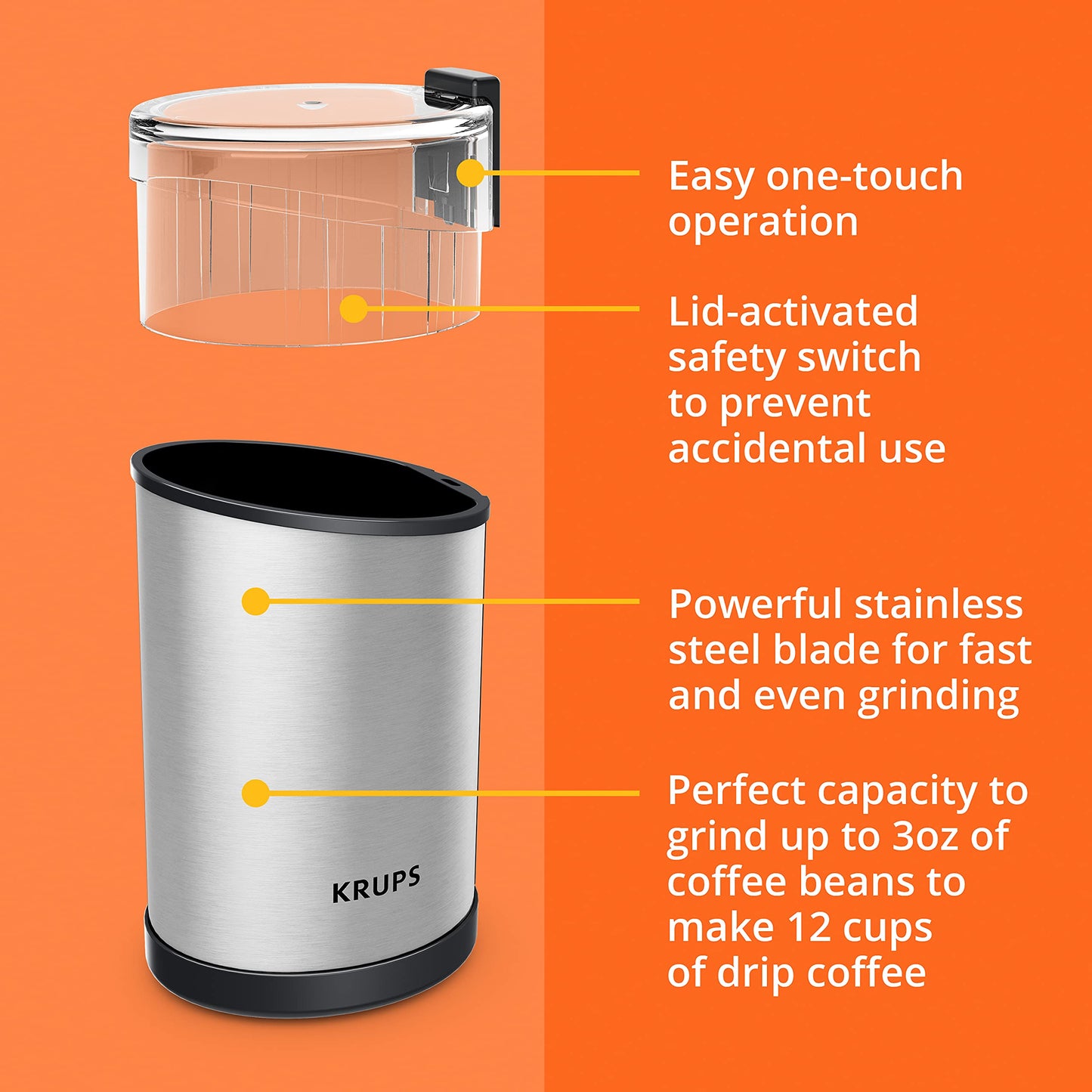 KRUPS Electric Coffee Grinder: 3 oz Capacity, 200 Watts - Versatile for Beans, Spices, Nuts - One-Touch Operation, Customizable Grind for 12 Cups - Ideal for Espresso, French Press