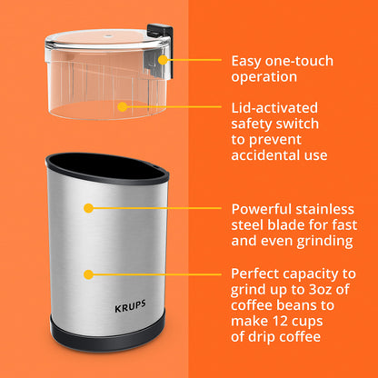 KRUPS Electric Coffee Grinder: 3 oz Capacity, 200 Watts - Versatile for Beans, Spices, Nuts - One-Touch Operation, Customizable Grind for 12 Cups - Ideal for Espresso, French Press