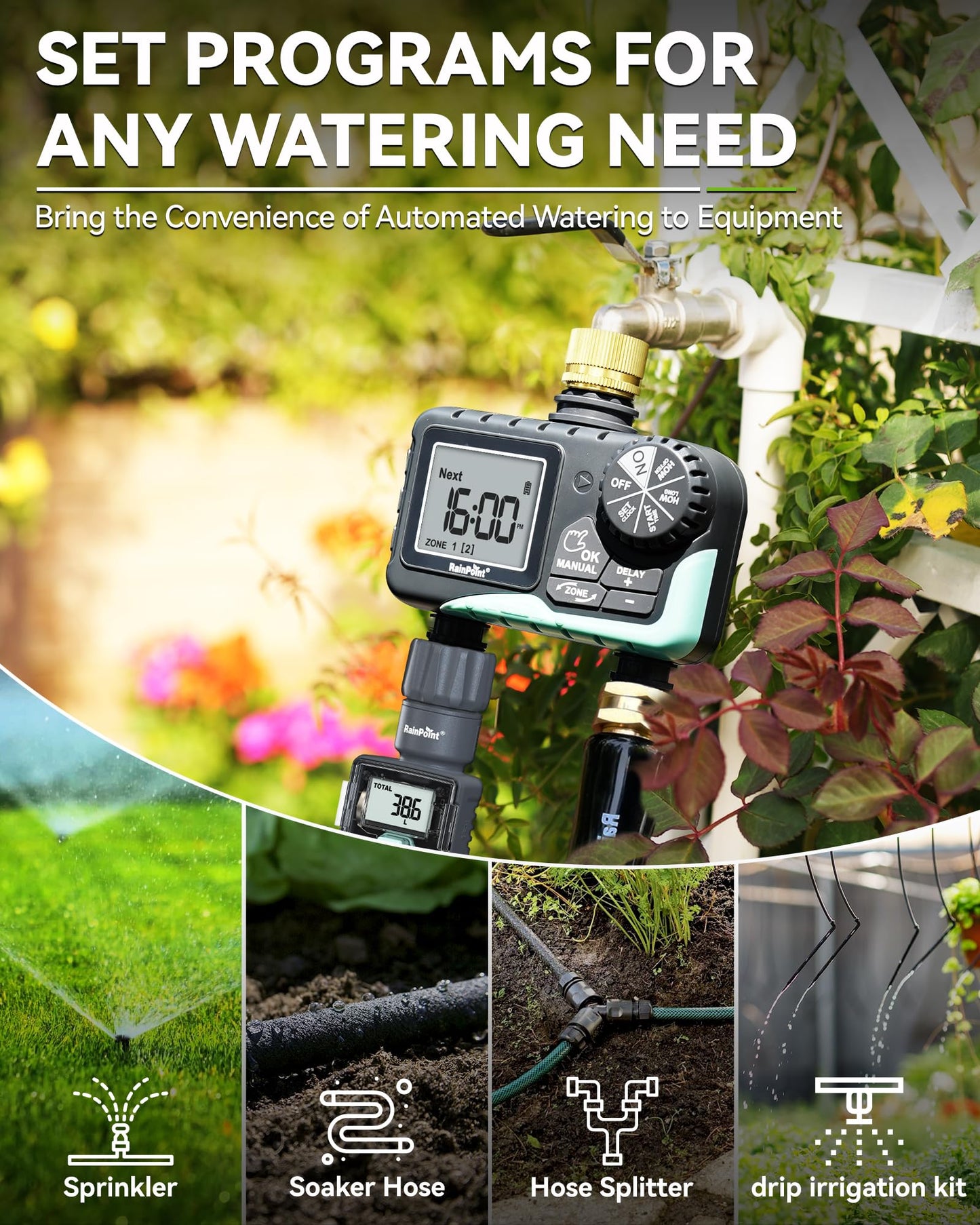 RAINPOINT Water Timer for Garden Hose - Sprinkler Timer with Brass Swivel - Rain Delay/Manual Watering/Automatic Irrigation Programmable Faucet for Yard, 2 Outlet
