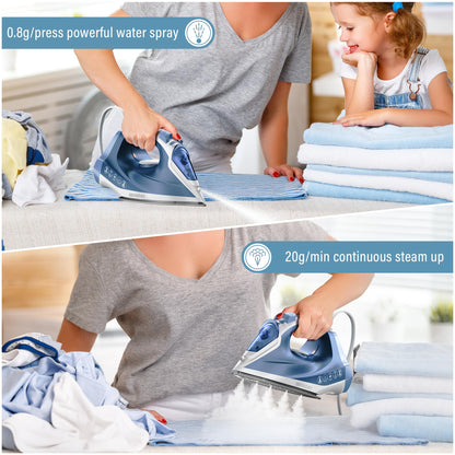 IRONDAY Steam Iron for Clothes Fast Heating, 1200W Iron with Non-Stick Ceramic Soleplate, Self-Cleaning, Burst of Steam, Spray Mist, 7.03oz Water Tank Ironing Clothes for Home, Blue