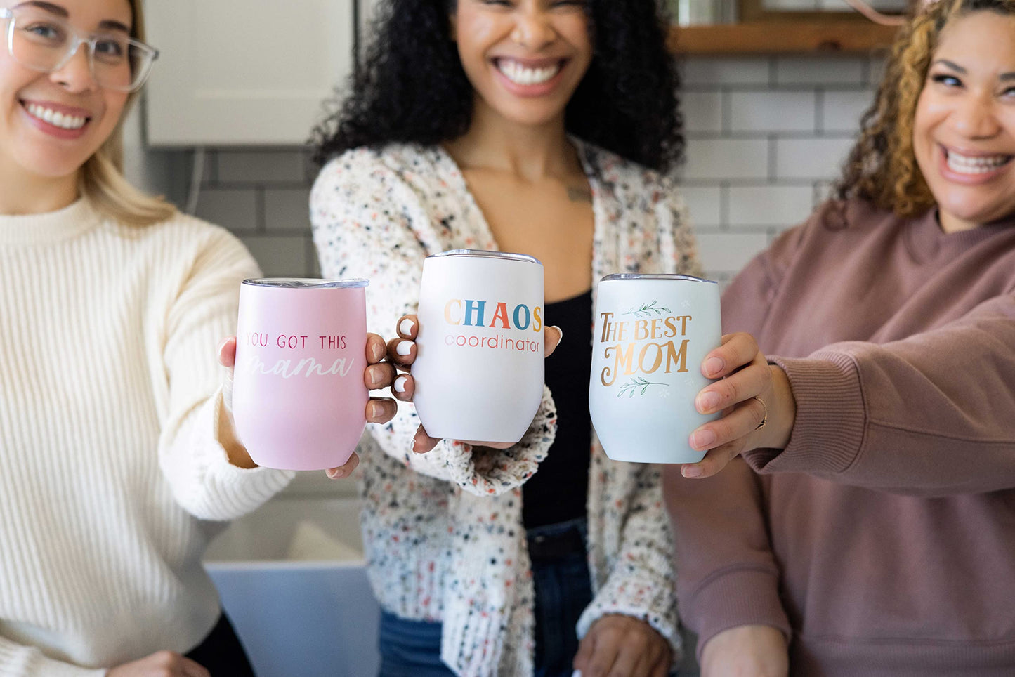 Pearhead Chaos Coordinator Stainless Steel Wine Tumbler with Press-In and Slide Locking Lid, Mother’s Day Stemless Wine Glass Tumbler Mug, New Mom Accessory, 12oz