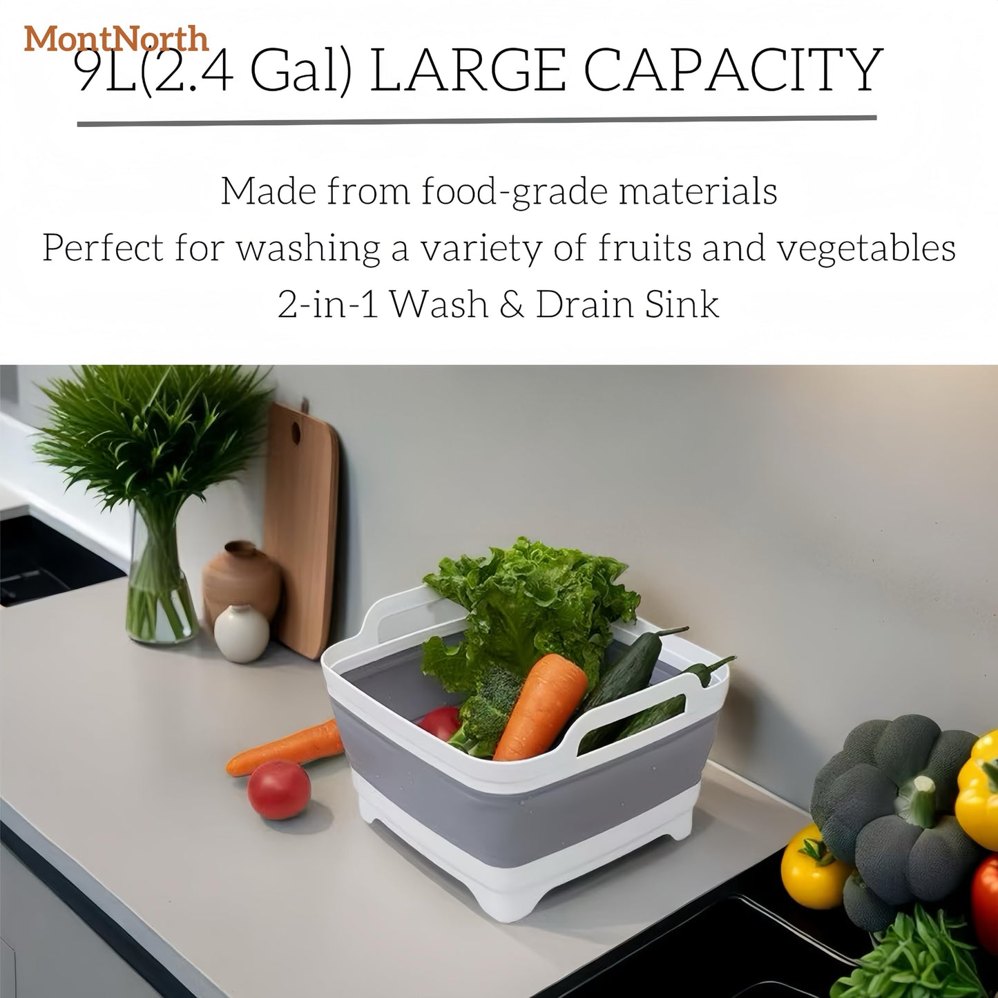 MontNorth Collapsible Wash Basin 9L, Foldable Dish Tub with Drain Plug, Portable Collapsible Dish Basin, Camping Sink for Washing Dishes, Laundry & Kitchen Use,Gray